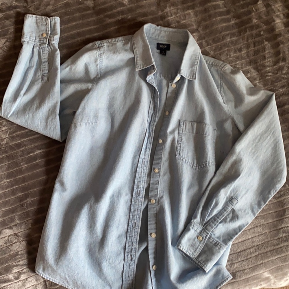 J Crew tailored button down in light denim.